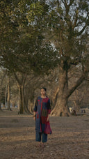 Red-Blue Checks Hand Embroidered Handloom Cotton Half & Half Kurta Set with Flared Pants (set of 2)