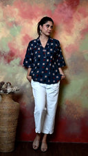 Indigo Hand Embroidered & Hand Block Printed Antifit Top