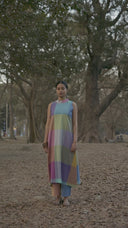 Purple-Blue Pastel Checks Handloom Cotton Halter Neck Kurta Set (set of 2)