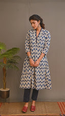 Beige-Blue Hand Embroidered Printed Cotton A-Line Dress
