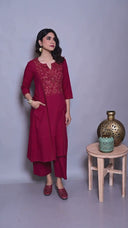 Red Hand Embroidered Handloom Cotton Three Panel Kurta Set (set of 2)