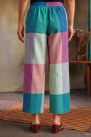 Teal Checks Handloom Cotton Flared Pants