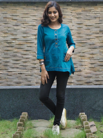 Teal Khadi Applique Top With Kantha Hand Embroidery Detailing