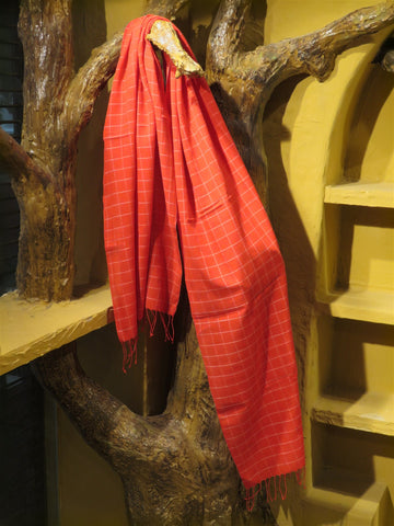 Red Khadi Checks Stole With Fringes