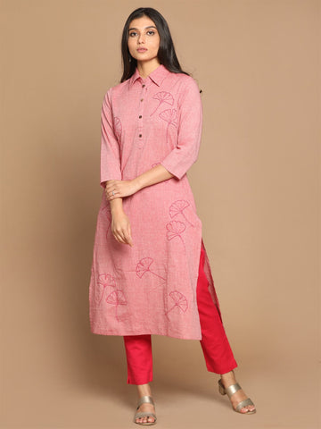 Red All Over Kantha Hand Embroidered Cotton Kurta