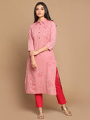 Red Hand Embroidered Cotton Kurta