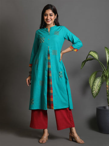 Turquoise Multi-colour Checks Kali Khadi Kurta With All Over Kantha Hand Embroidery