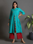 Turquoise Multicolour Checks Kali Handwoven Kurta with Hand Embroidery Butas