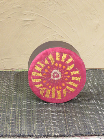 Maroon Handcrafted Kantha Embroidery Round Utility Box