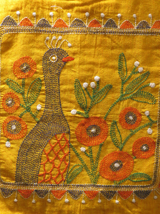 Yellow Handcrafted Kantha Embroidery Cotton & Leather Tote Bag