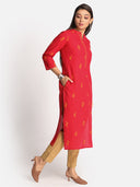 Red Hand Embroidered Cotton Straight Cut Kurta