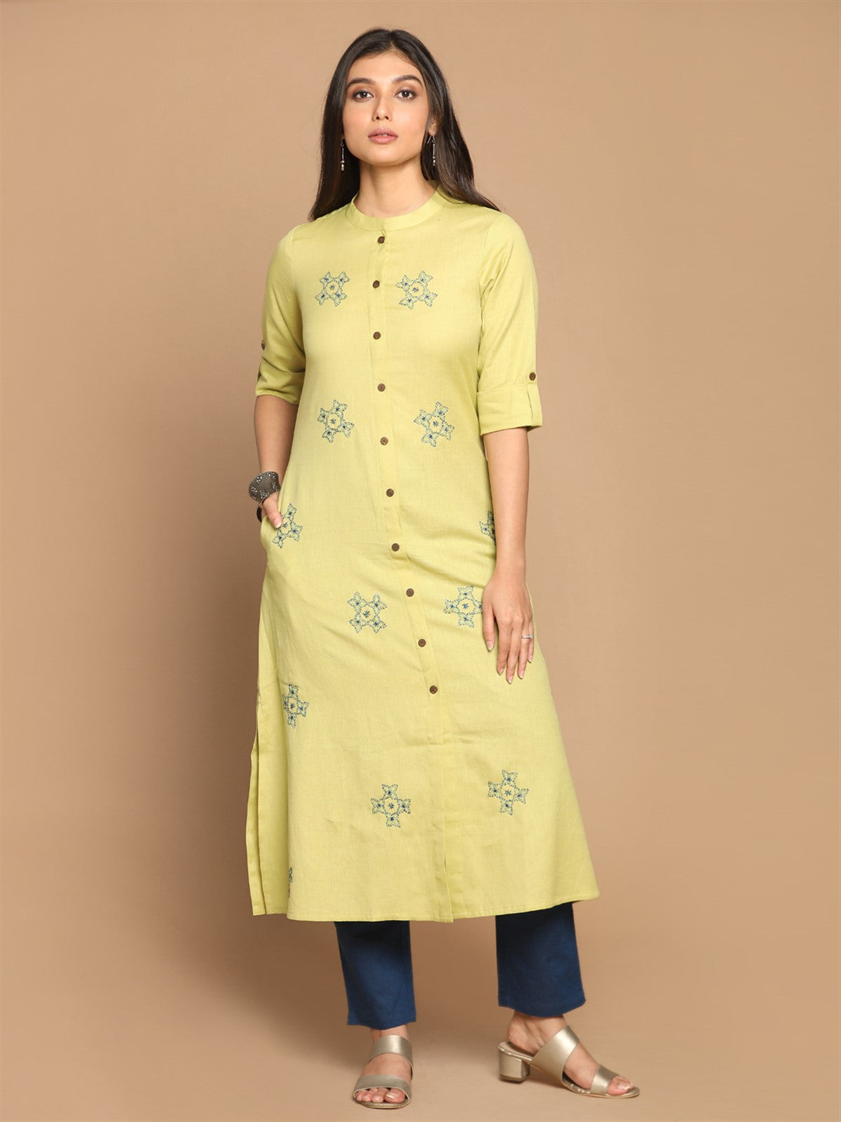 Lime All Over Kantha Hand Embroidered Cotton Kurta