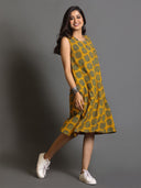 Mustard Ajrakh Hand Block Printed Hand Embroidered Bias Dress