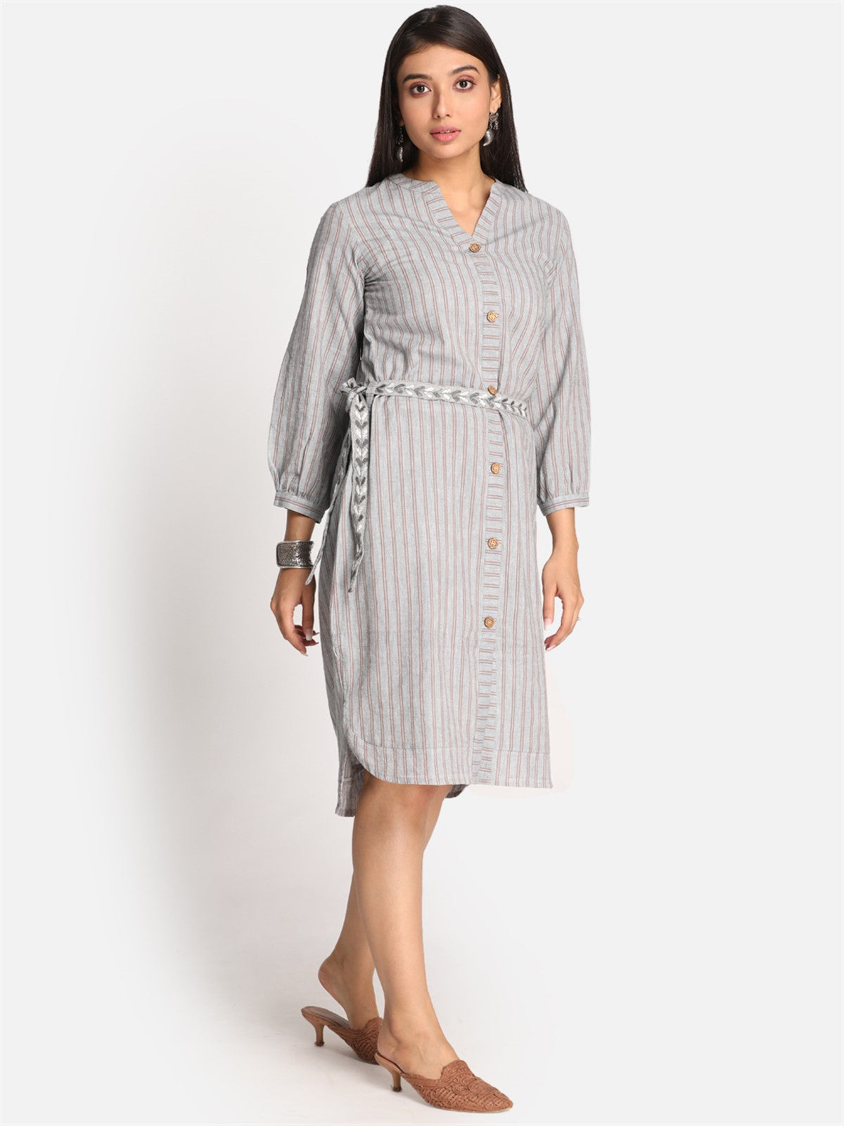 Grey Striped Khadi High-Low Dress With Kantha Hand Embroidery On Belt
