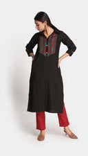Black Hand Embroidered Handloom Cotton Kurta