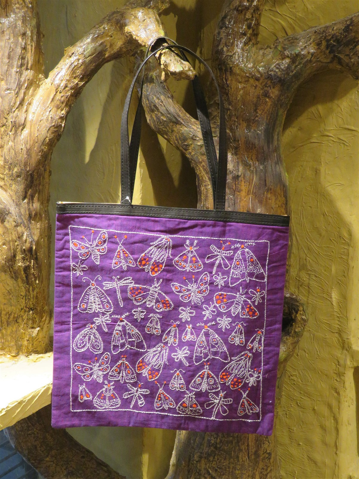 Violet Handcrafted Kantha Embroidery Cotton & Leather Tote Bag