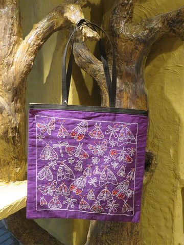 Violet Handcrafted Kantha Embroidery Cotton & Leather Tote Bag