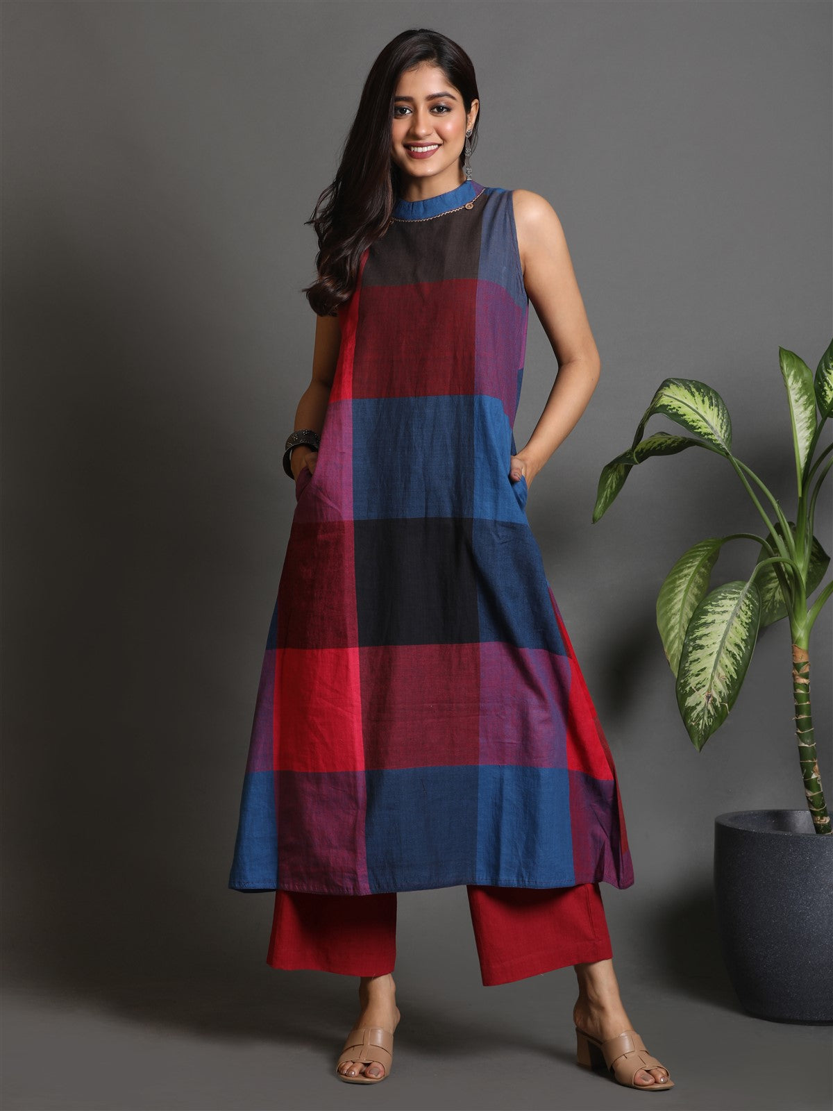 Red-Blue Khadi Halter-Neck Long Kurta With Kantha Hand Embroidery Detailing On Neck