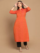 Fire Checks Hand Embroidered Cotton Shirt Collar Kurta