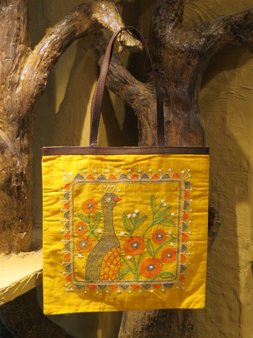 Yellow Handcrafted Kantha Embroidery Cotton & Leather Tote Bag