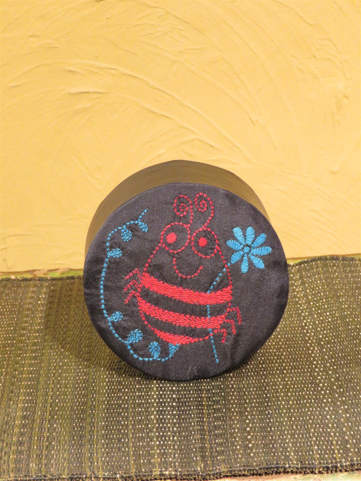 Black Handcrafted Kantha Embroidery Round Utility Box