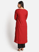 Red Hand Embroidered Mirror Work Cotton Kurta