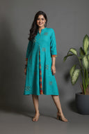 Turquoise Multicolour Checks Kali Handwoven Kurta with Hand Embroidery Butas