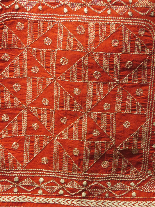 Red-White Handcrafted Kantha Embroidery Cotton & Leather Tote Bag