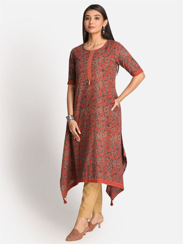Brown Cotton Printed Ajrakh Asymmetrical Kurta With Kantha Hand Embroidery And Tassels on placket