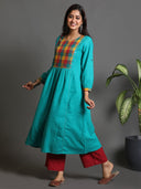 Green Handwoven Pleated Kurta with Mustard Multicolour Checks