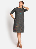 Black Checks Floral Hand Embroidered Cotton Dress