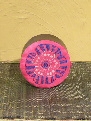 Pink Handcrafted Kantha Embroidery Round Utility Box