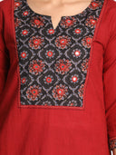 Red Hand Embroidered Mirror Work Cotton Kurta