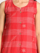 Red Checks A Line Sleeveless Kurta with Hand Embroidery Detailing