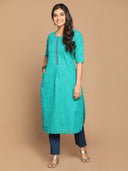 Turquoise Hand Embroidered Cotton Straight Cut Kurta