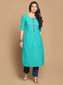 Turquoise Hand Embroidered Cotton Straight Cut Kurta