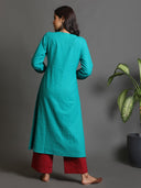 Green Handwoven Pleated Kurta with Mustard Multicolour Checks