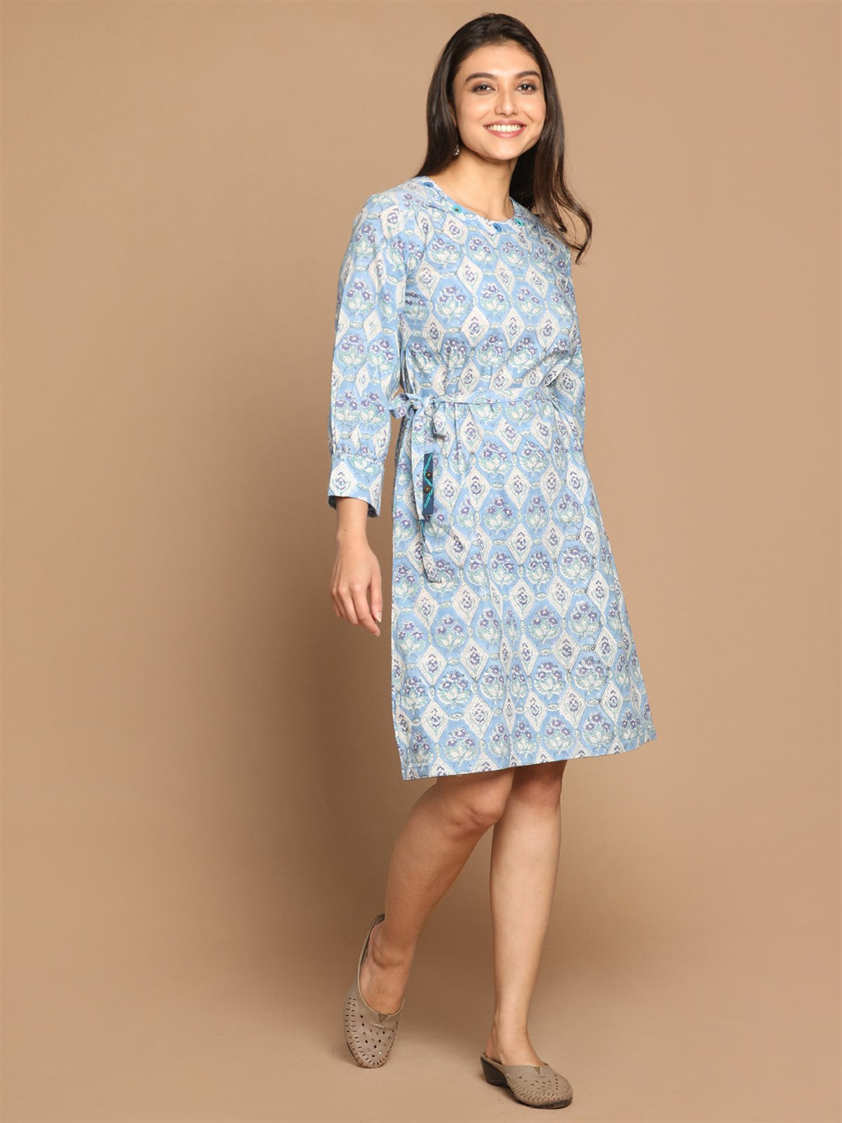 Blue Block Printed Cotton Belt Dress With Mirror Detailing