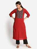 Red Hand Embroidered Mirror Work Cotton Kurta