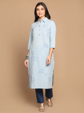 Blue All Over Kantha Hand Embroidered Cotton Kurta