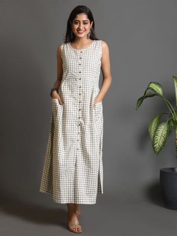 White-Green Checks Handwoven Long Dress With Pockets