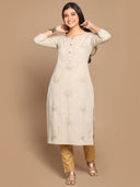 Beige Floral Hand Embroidered Cotton Kurta