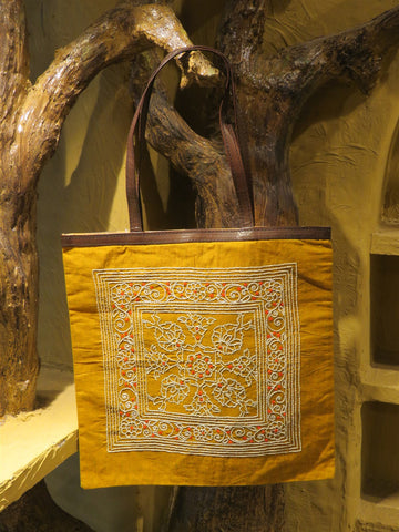 Mustard Handcrafted Kantha Embroidery Cotton & Leather Tote Bag