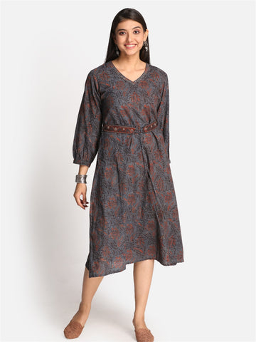 Indigo Cotton Printed Ajrakh A-Line Dress With Hand Embroidery On Belt And Neckline