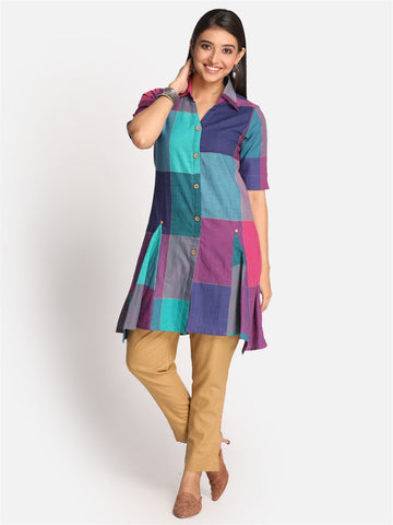 Multicolor Checks Khadi Tunic With Kantha Hand Embroidery Detailing