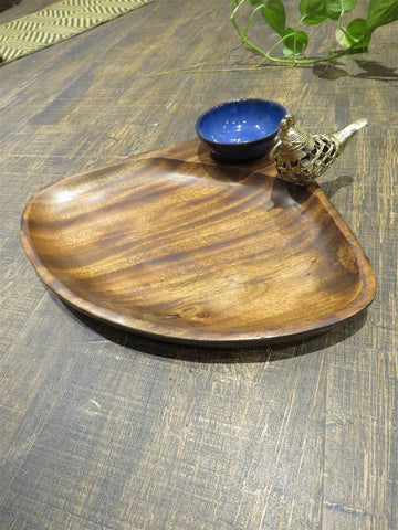 Handcrafted Wooden Serving Platter With Blue Bowl And Dhokra Bird