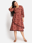 Rust Ajrakh Hand Block Printed Hand Embroidered Cotton Flap Dress