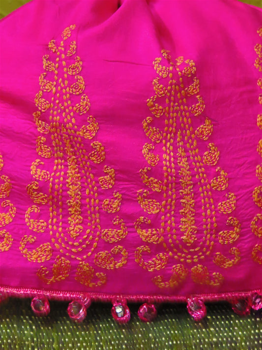 Fuschia Handcrafted Silk Kantha Embroidery Potli Batua