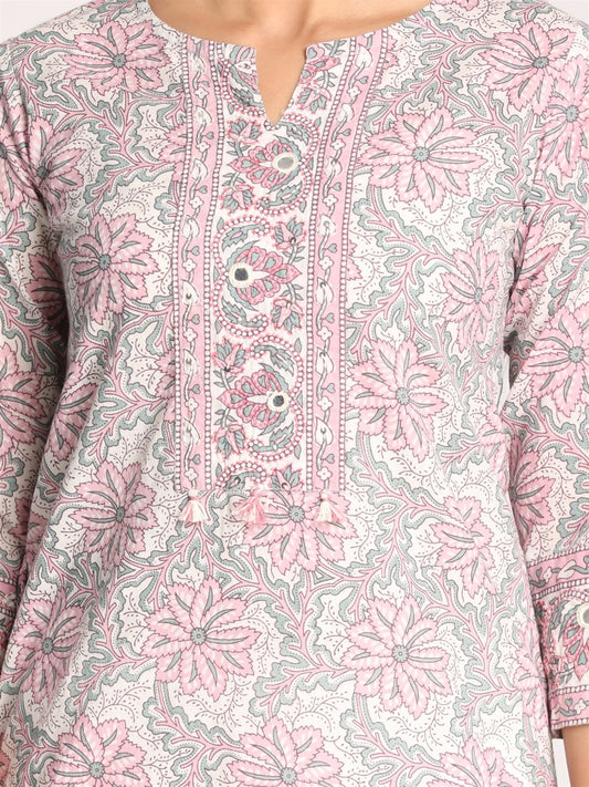 Pink Printed Cotton Hand Embroidered Mirror Work Kurta