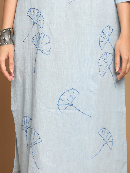 Blue All Over Kantha Hand Embroidered Cotton Kurta